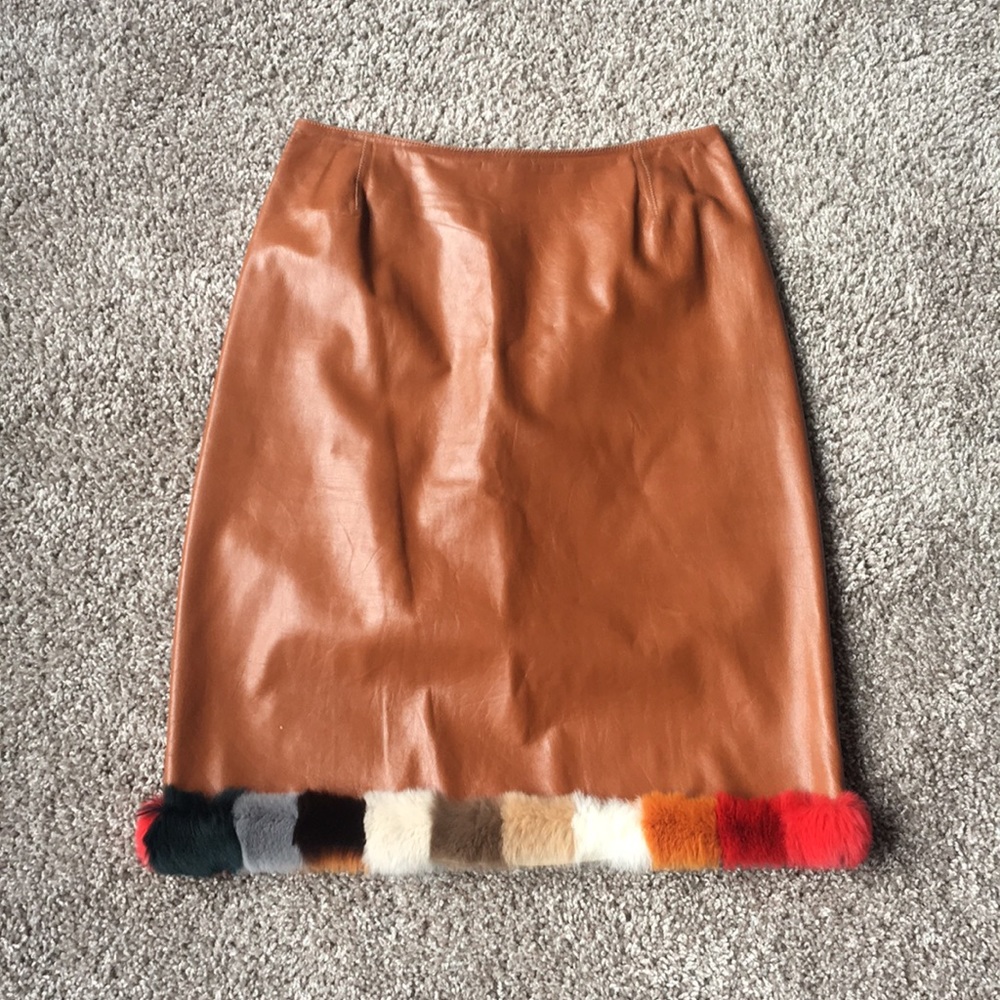 Fur trim leather skirt